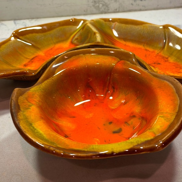 California Pottery MCM Vintage Orange Brown Glaze Chips/Dip Serving Set EUC - Picture 5 of 11